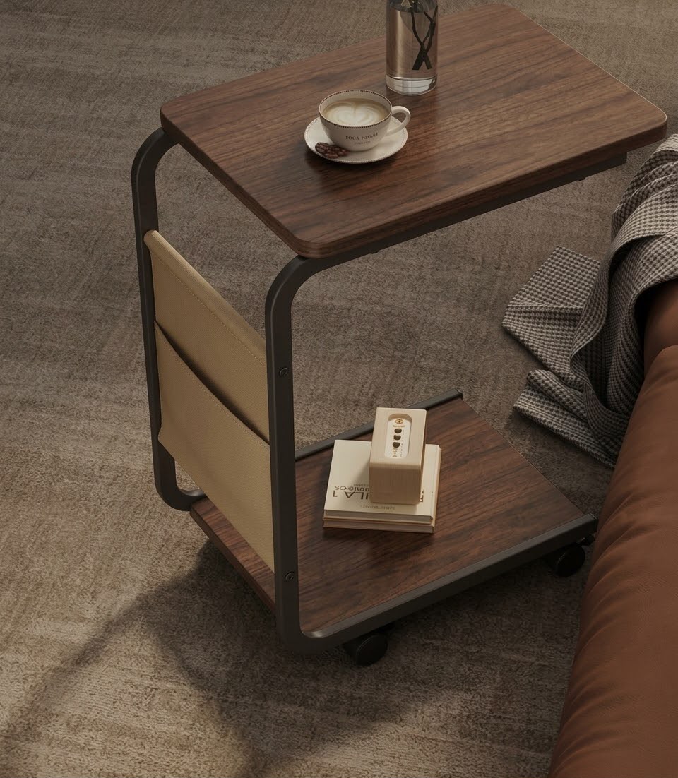 Rolling C-Shaped Side Table with Storage Pocket