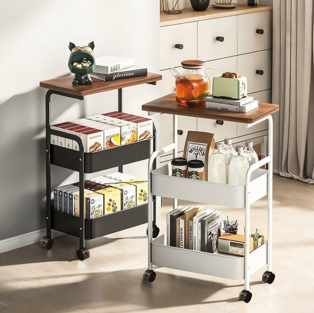 2 Layer Household Storage Cart With Wood Top - Image 2