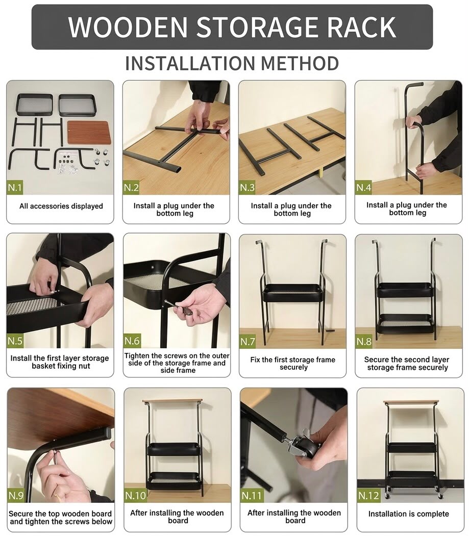 2 Layer Household Storage Cart With Wood Top - Image 4